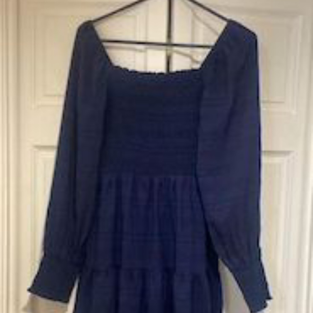 Navy Ruffle Detail Dress with Sleeves